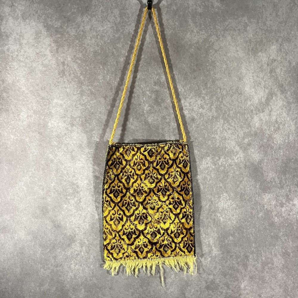 Vintage Crossbody Bag Women Yellow Damask Velvet Moroccan Fringe Boho Festival